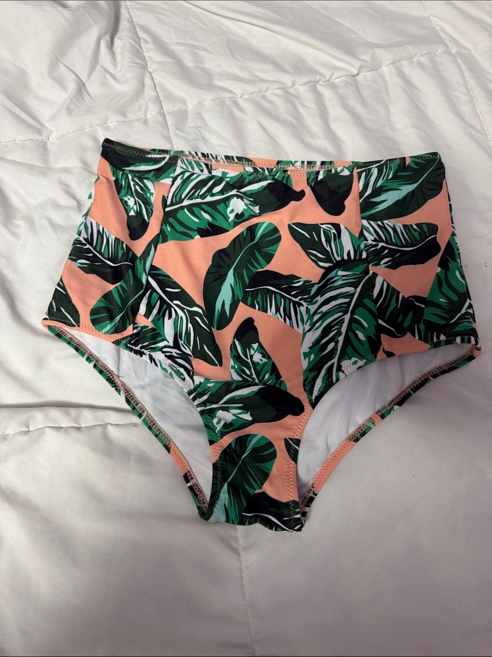 High-Waist Tropical Leaf Bikini Bottoms - Peach & Green